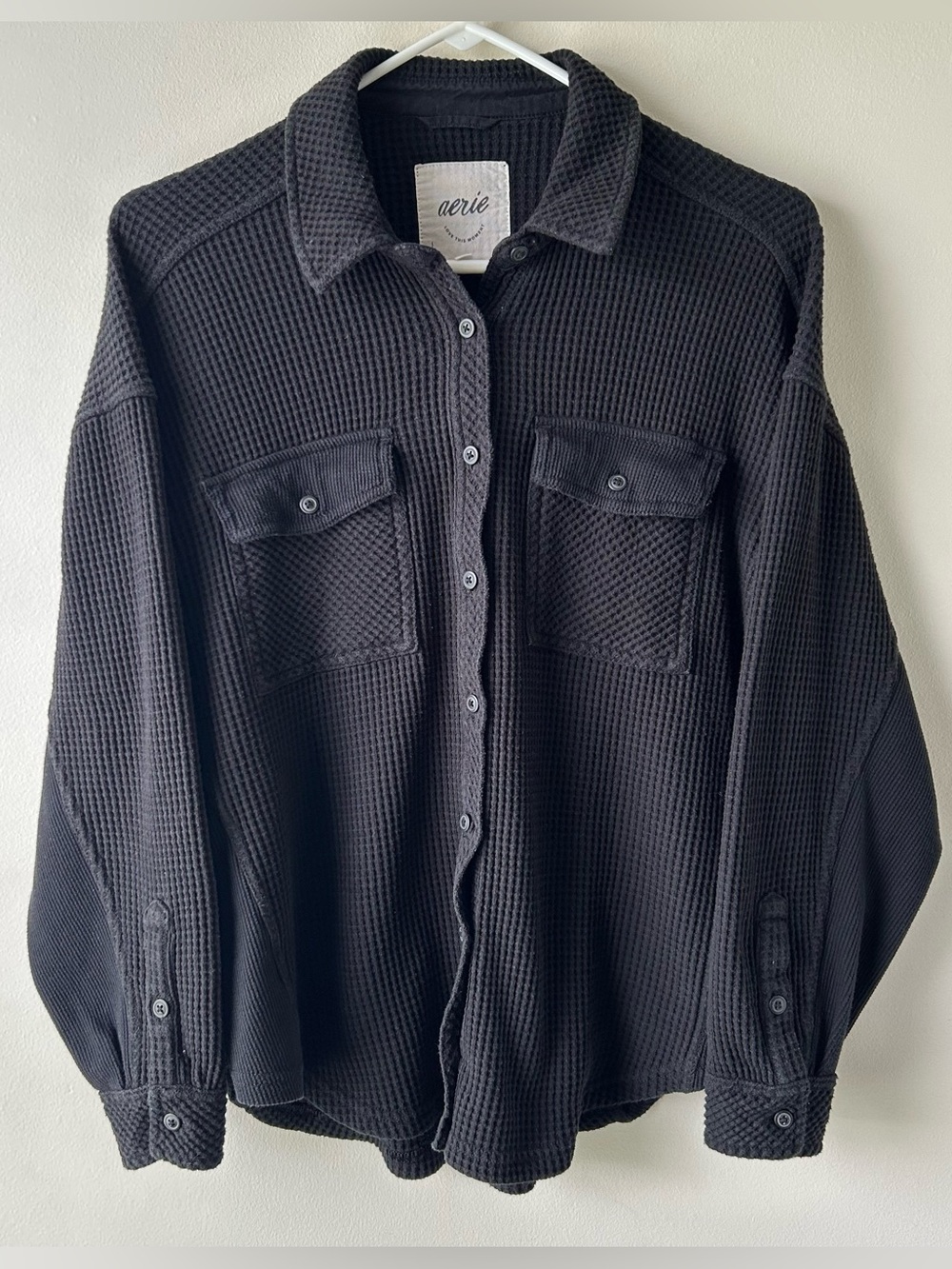 Aerie Waffle Knit Shacket Shirt Black XS